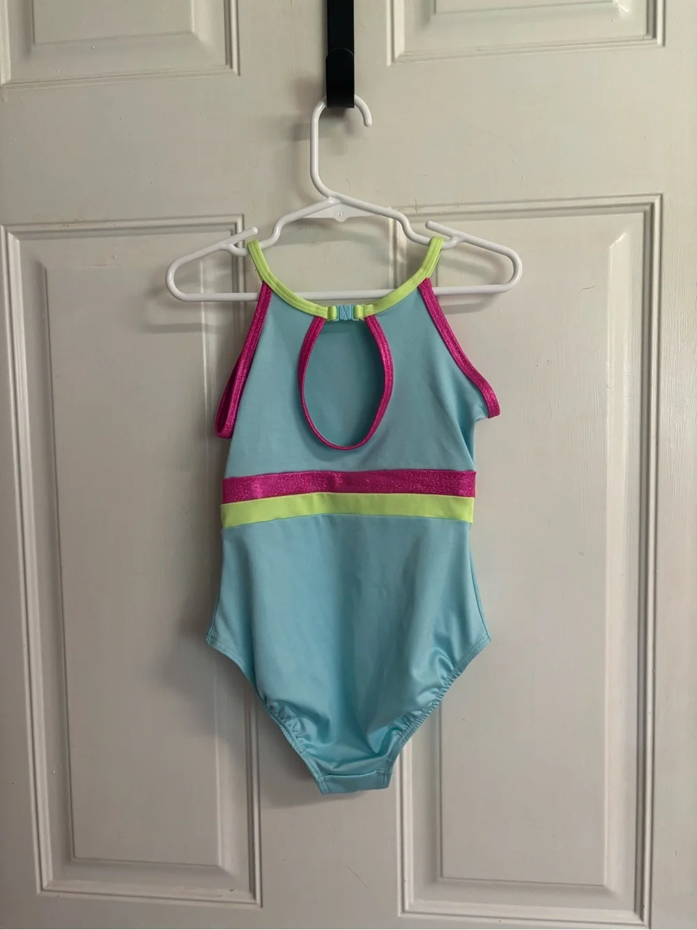 XS 5/6 Justice Aqua Blue High Neck sleeveless Gymnastics/Dance leotard.  In EUC!